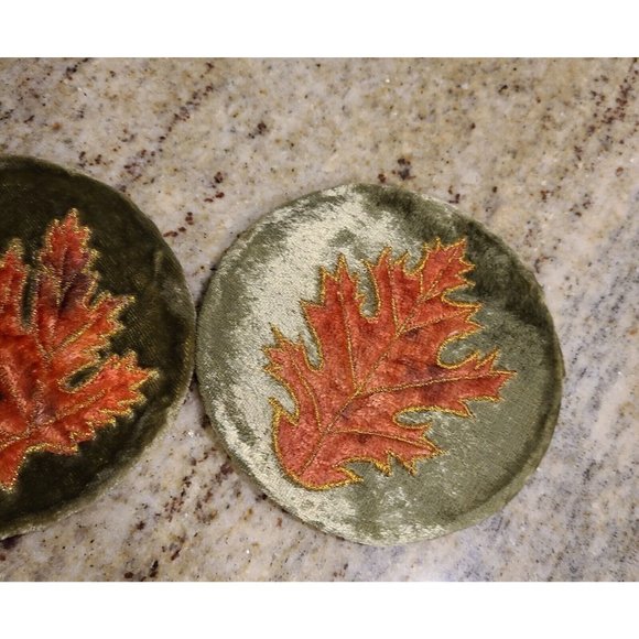 Vintage Velvet Orange Green Leaf Stitching Coasters Set of 6 Fall Autumn Holiday - Picture 7 of 10